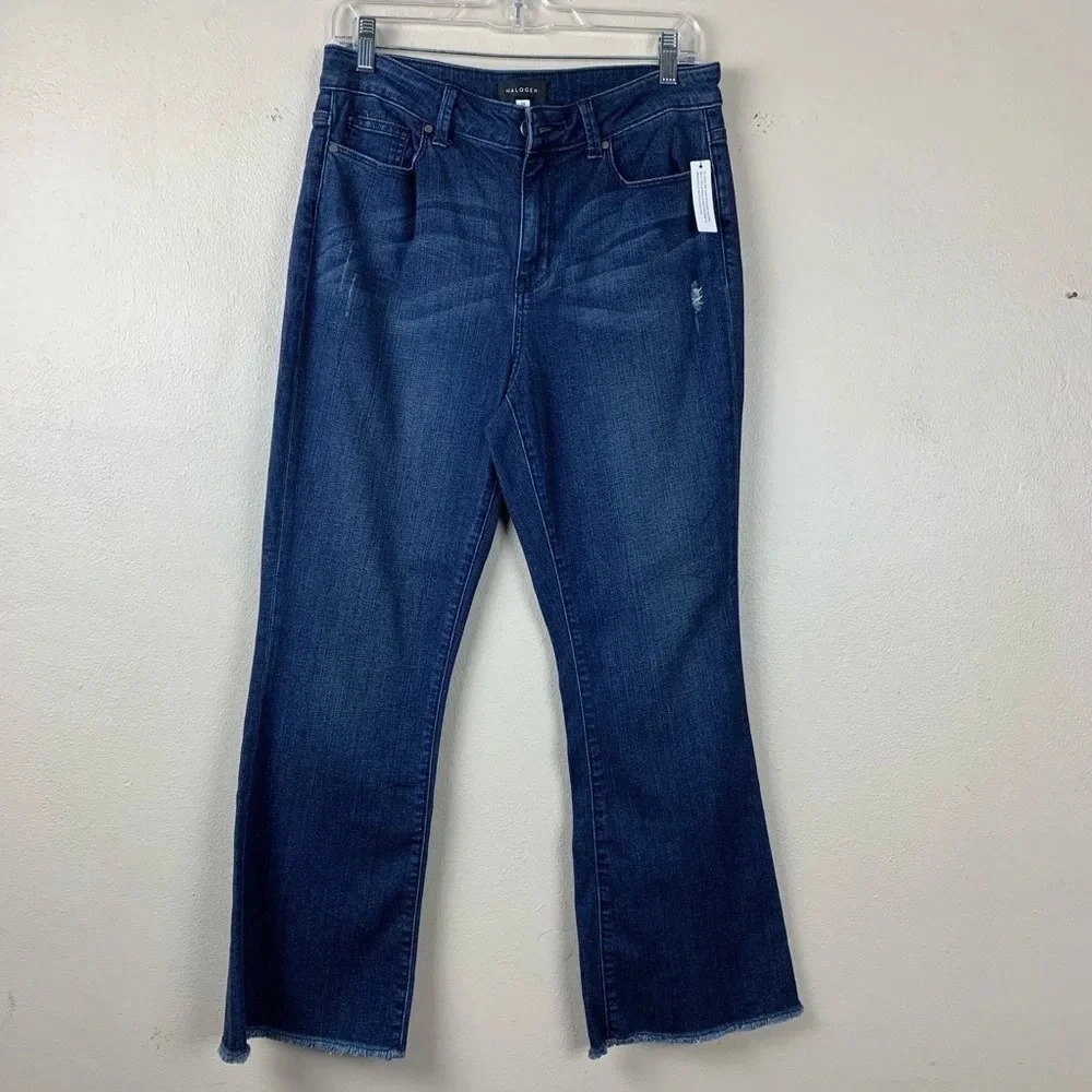 Halogen Cropped Kick Flare Jeans High Rise Frayed Ankle Distressed Dark Wash 28 - Picture 3 of 7